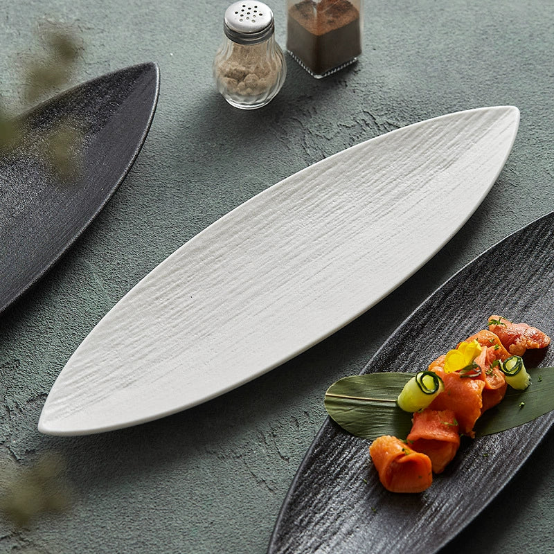 Leaf-Shaped Ceramic Serving Plate – Textured Long Dish for Sushi or Appetizers-0