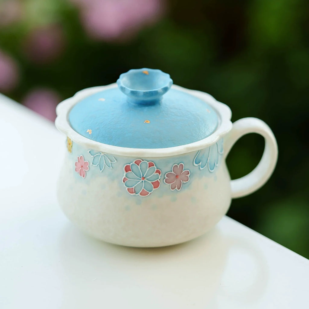 Hand-Painted Blue Floral Ceramic Tea Cup with Lid – 135ml Traditional Gift Box Set-1