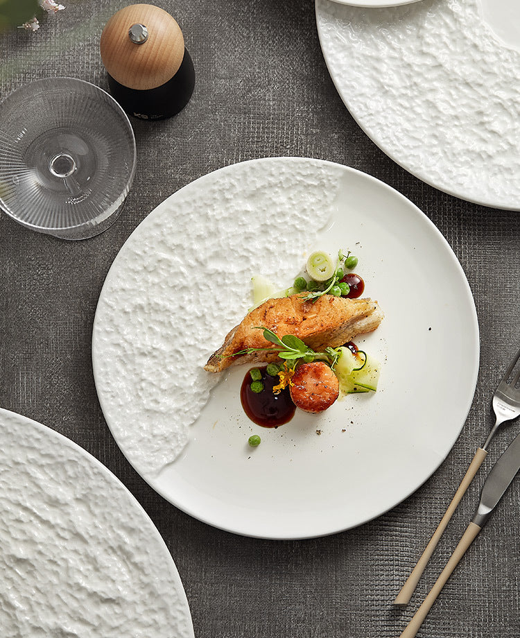 Stone-Texture Contrast Ceramic Plate – Modern Round Dish for Steak or Pasta-3