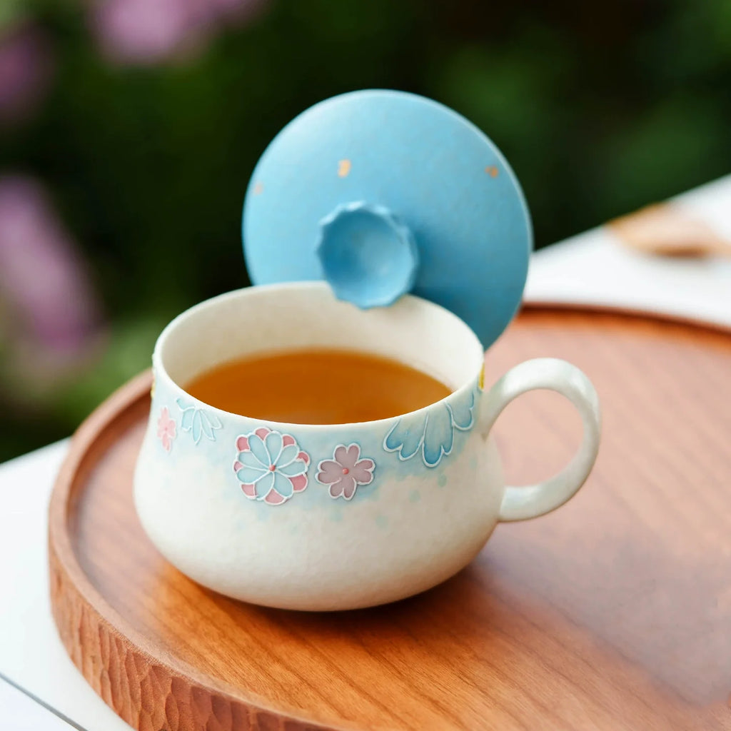 Hand-Painted Blue Floral Ceramic Tea Cup with Lid – 135ml Traditional Gift Box Set-4