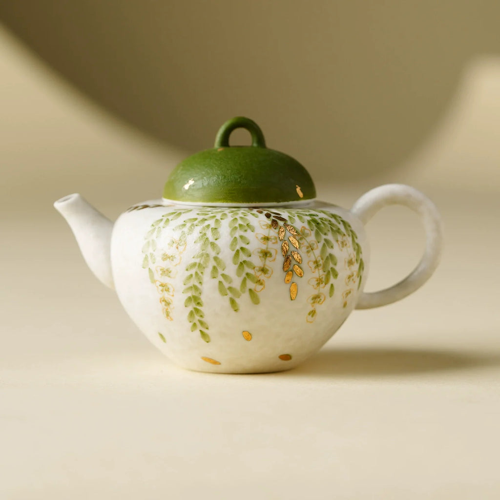 Handmade Ceramic Teapot with Green Leaf Design – 120ml Traditional Chinese Kung Fu Tea Pot