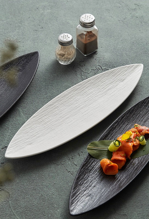 Leaf-Shaped Ceramic Serving Plate – Textured Long Dish for Sushi or Appetizers-3
