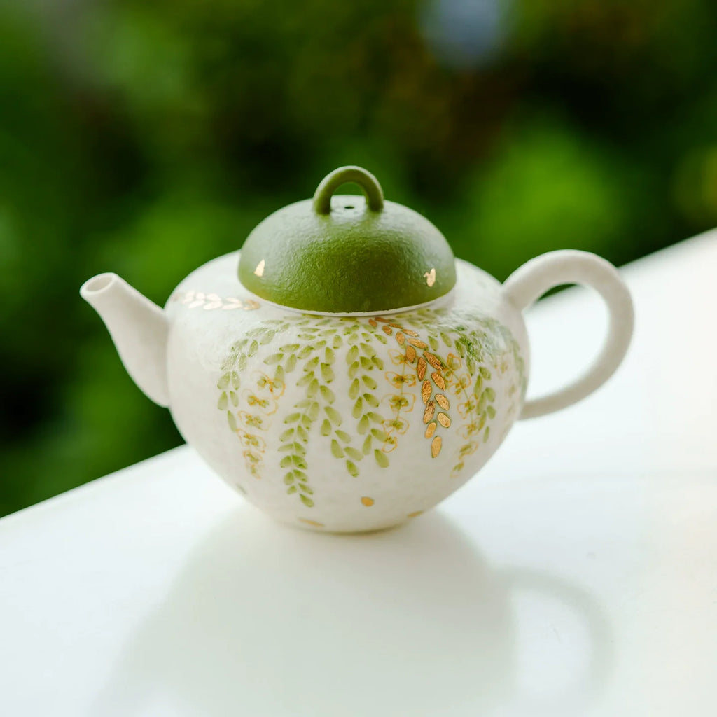 Handmade Ceramic Teapot with Green Leaf Design – 120ml Traditional Chinese Kung Fu Tea Pot