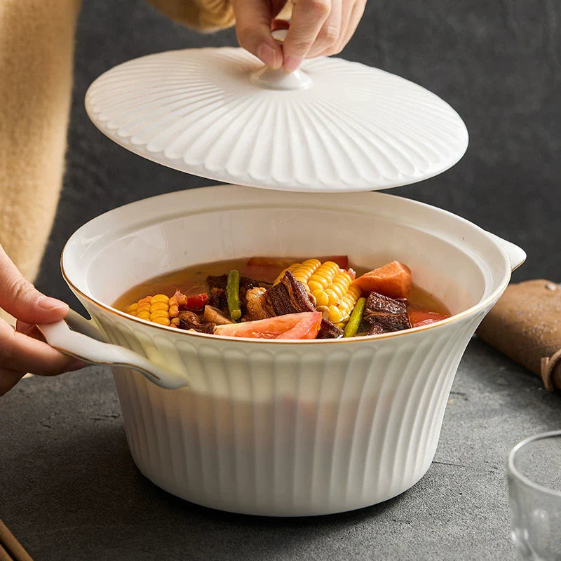 Luxury Bone China Gold-Rimmed Soup Casserole with Lid-1